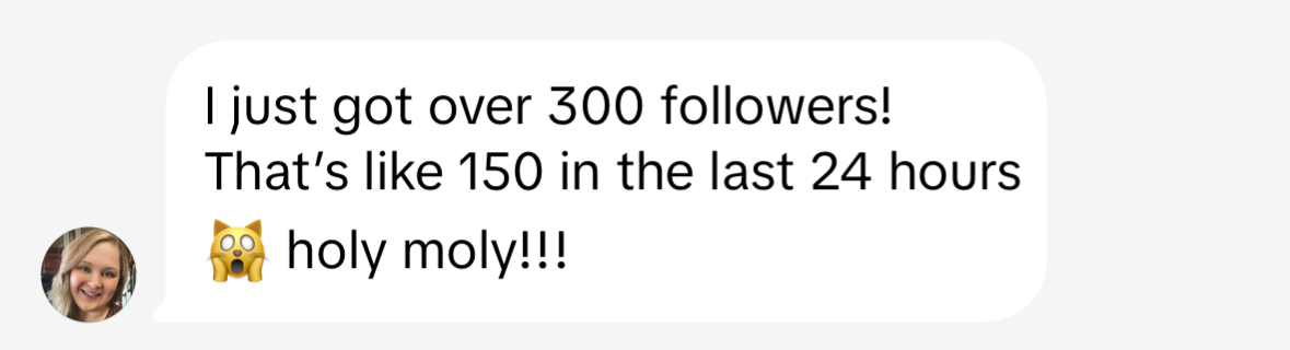 DM screenshot: 150 new followers in the last 24 hours