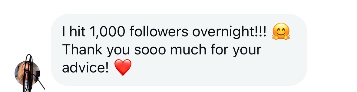 DM screenshot: I hit 1,000 followers overnight